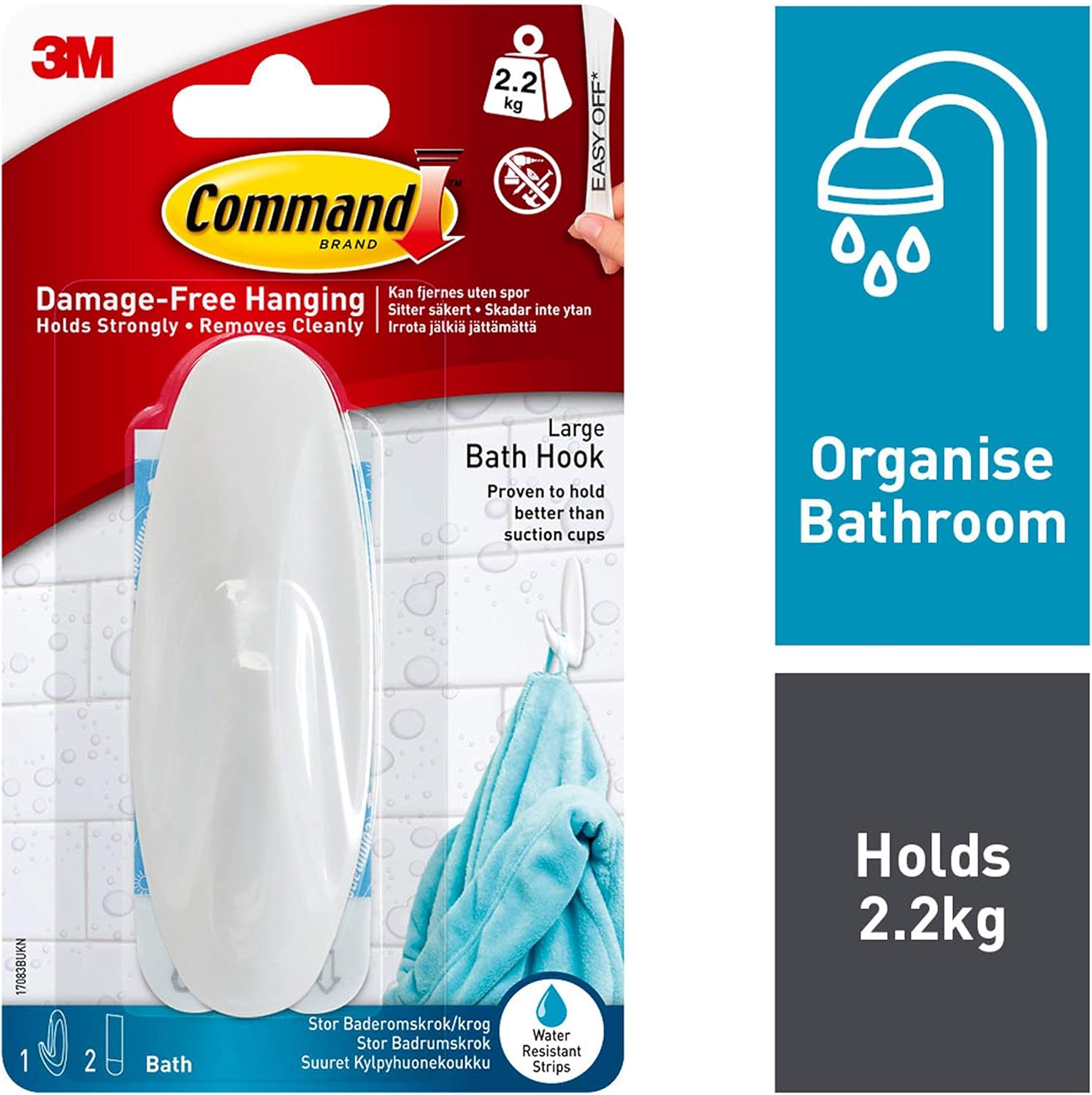 Command 17083B Large Hook with Water Resistant Strips (Pack of 2, 1 Hook and 2 Large Adhesive Strips Each) - Image 3