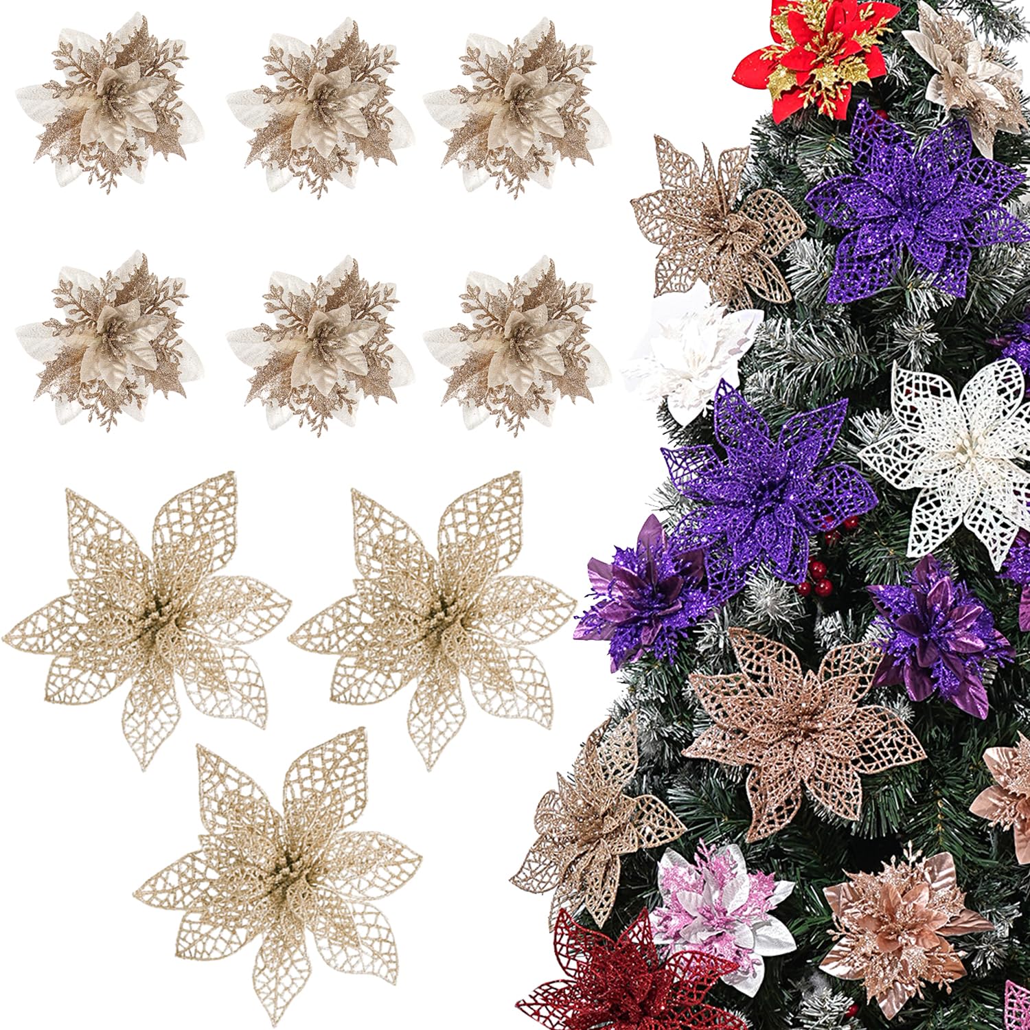 vannyster 20pcs 6''&9'' Poinsettia Christmas Flowers Artificial for Xmas Tree and Wreath Ornaments with DIY Clips, Christmas Decorations, Xmas Ornaments, Party, Holiday Decor, Champagne