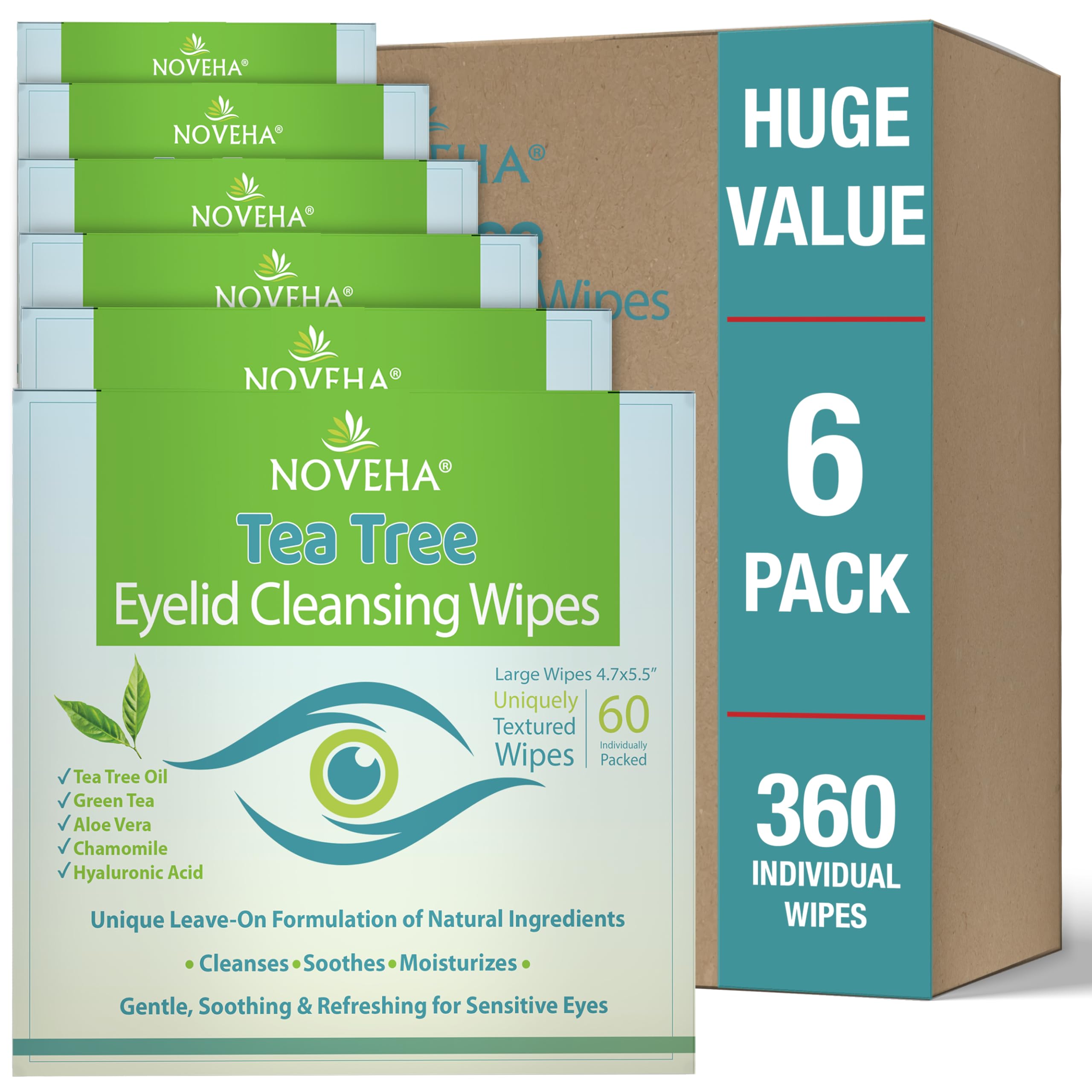NOVEHA 360PCs Tea Tree Oil Eyelid & Lash Wipes With Hyaluronic Acid, Green Tea & Chamomile For Blepharitis & Itchy Eyes, Individually Wrapped Eyelash Wipes Natural Makeup Remover & Daily Cleanser Image