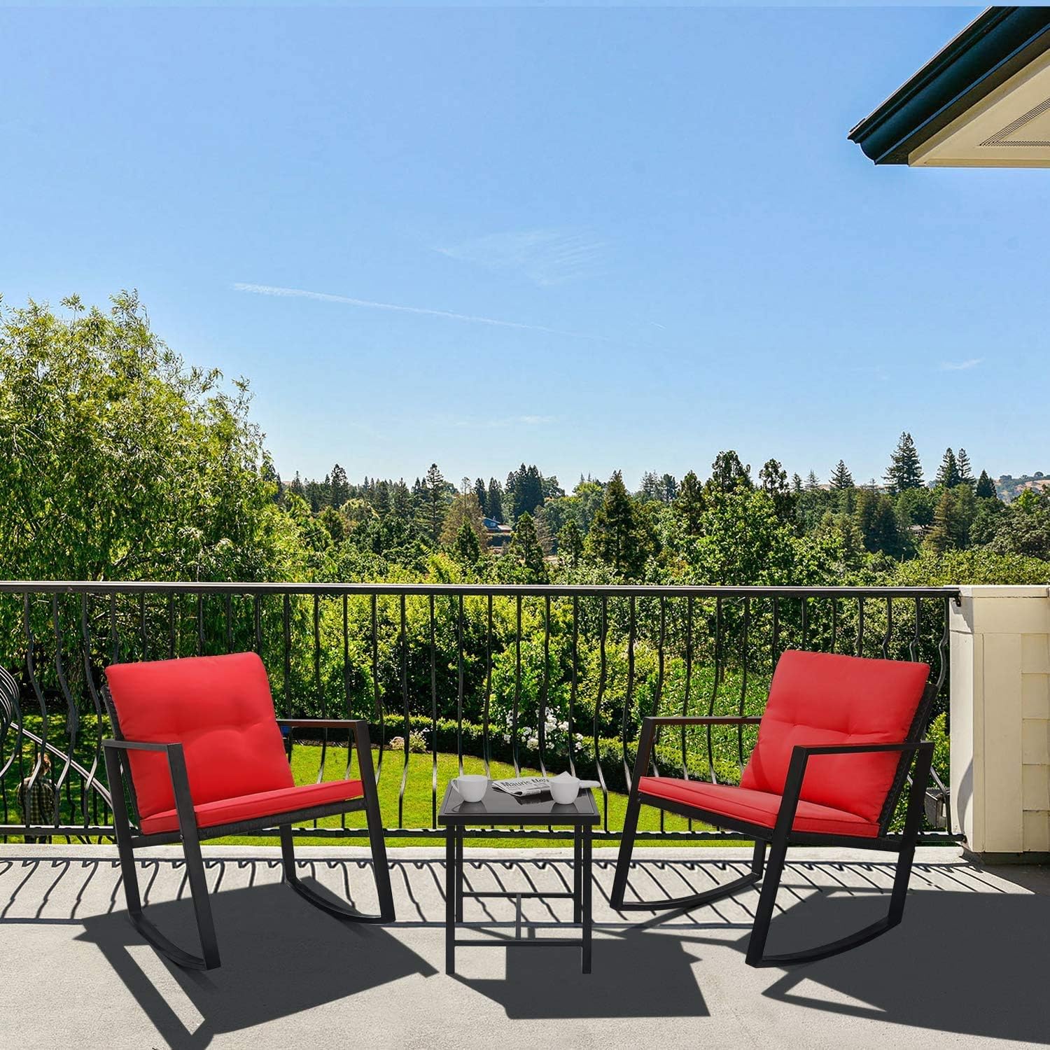 Greesum GS-3RRCSRD 3 Pieces Patio Furniture Set,Glass Coffee Table, Red: Garden & Outdoor