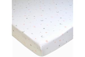 TL Care Fitted Pack N Play Playard Sheet 27" x 39", Soft Breathable Neutral 100% Cotton Jersey Pack and Play Sheet, Pink Stars and Moon, for Boys and Girls, Fits Most Mini Crib Mattresses