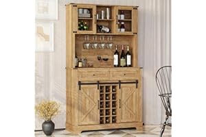 ARTPOWER Coffeee Bar Cabinet with Wine&Glass Racks, 72" Hutch Storage Cabinet with Farmhouse Sliding Barn Door, Kitchen Pantry Buffet Cabinet with Drawers for Dining Room, Oak
