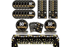 QYEAHKJ 50th Birthday Party Supplies Serves 24 Black and Gold 50 Years Old Party Paper Dessert Plates Napkins Cheers to 50 Years Decorations Tablecloth Set Tableware Kit for Man Retirement Graduation