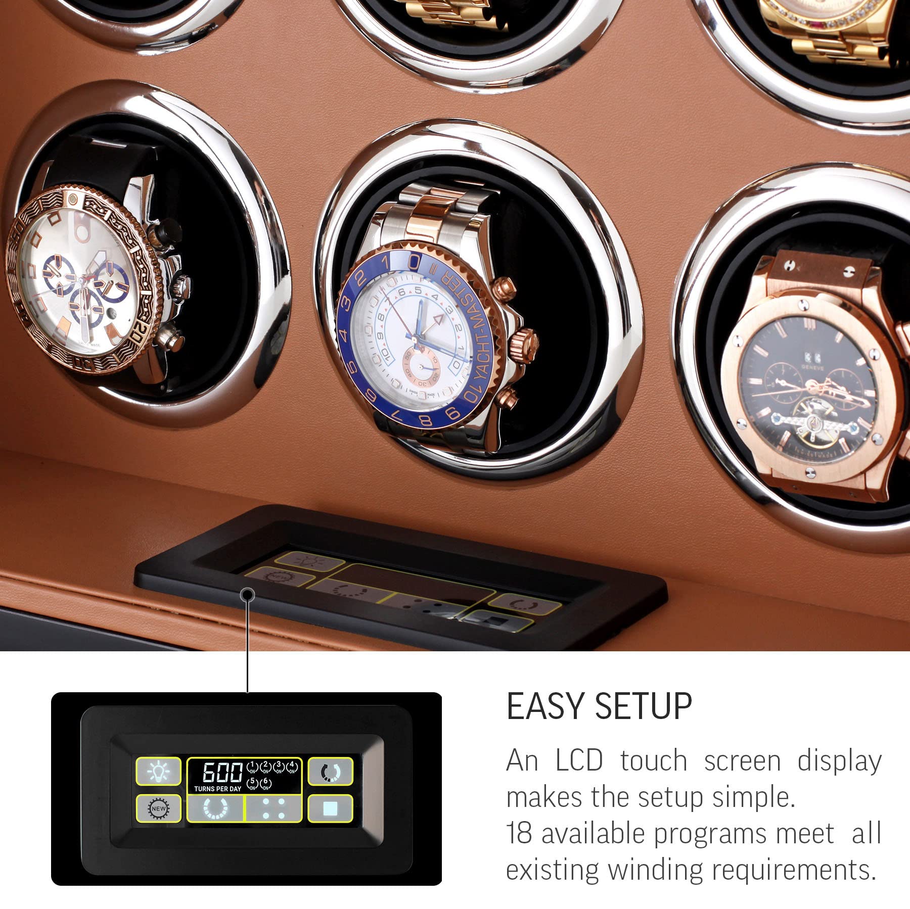 Watch Winder for 6 Watches with LED Backlight, LCD Display and Motor-Stop Option