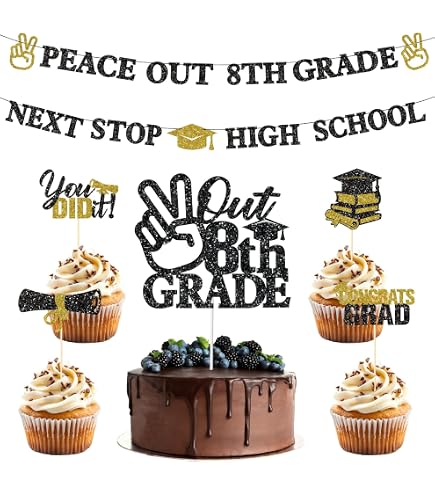 Banner 'Peace Out 8th Grade Next Stop High School' – Goldglitzernd, Für Abschlussfeier 2024, Inkl. Hängedekoration