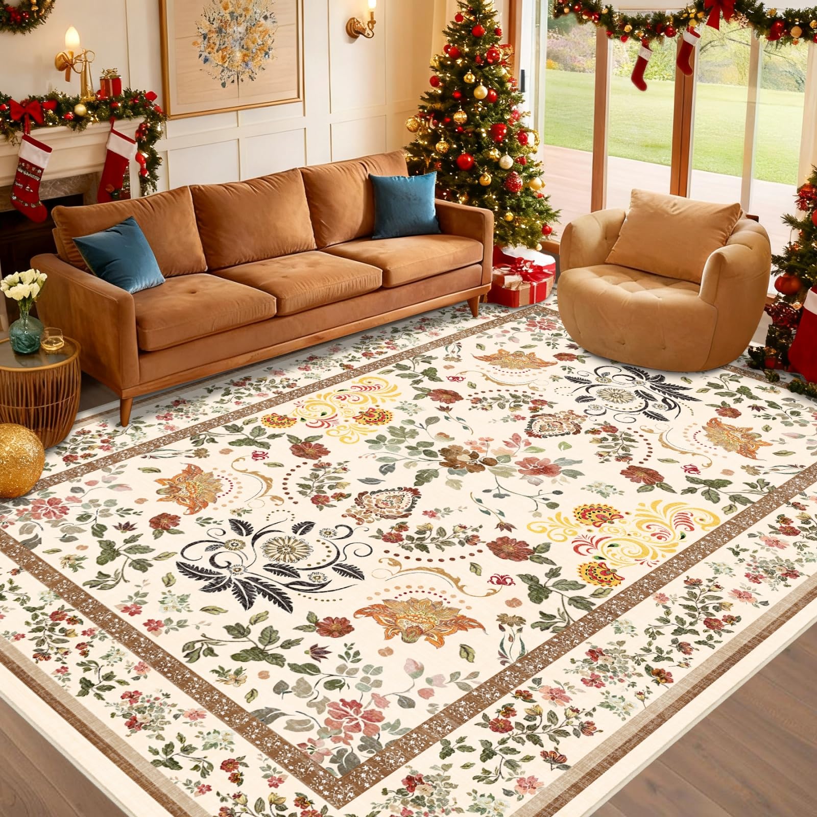 Photo 1 of IWRJFQWR Vintage Floral 8x10 Area Rugs - Floral Washable Rug for Living Room Bedroom Dining Room Kids Playroom Home Decor Non Slip Carpet - Brown