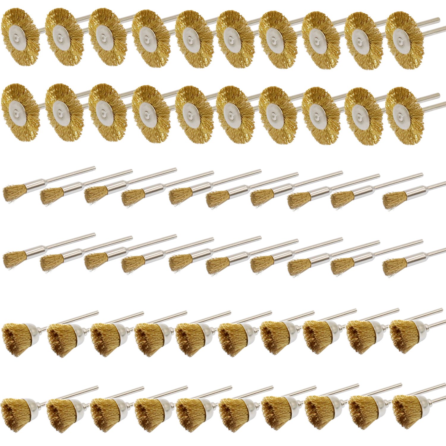 NIUPIKA 3mm Brass Wire Brushes Cup Wheels Cleaning Brush Kit Polishing Attachment Accessory Die Grinder Rotary Tools 60 Pcs