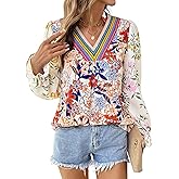 SHEWIN Women's Blouses Casual V Neck Long Sleeve Floral Print Chiffon Crochet Trim Tops Shirts