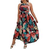 Floerns Women's Plus Size Boho Sleeveless Halter Neck Tie Back A Line Long Dress