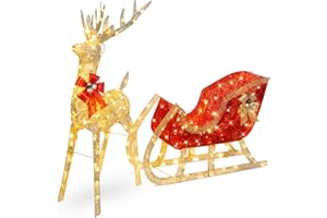 Best Choice Products Lighted Christmas 4ft Reindeer & Sleigh Holiday Outdoor Yard Decoration Set w/ 205 LED Lights, Stakes, Zip Ties - Gold