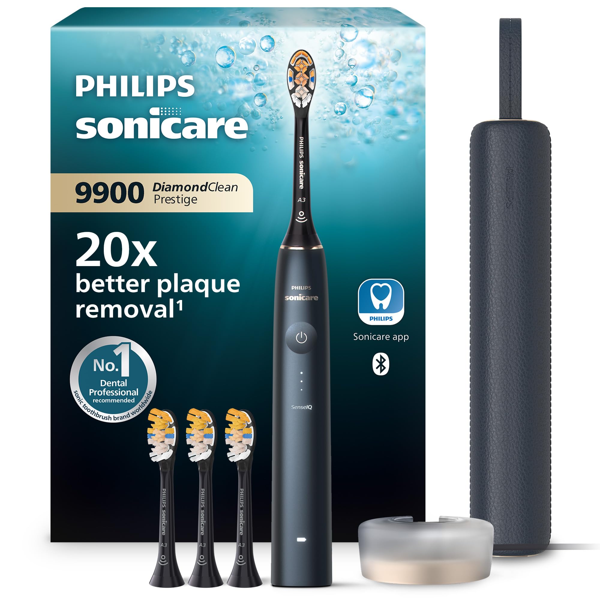 Philips Sonicare - Brosse à dents électrique DiamondClean 9900 Prestige, avec technologie SenseIQ et application, 5 modes de brossage, 3 niveaux d'intensité, étui de voyage, Bleu nuit, HX9992/45