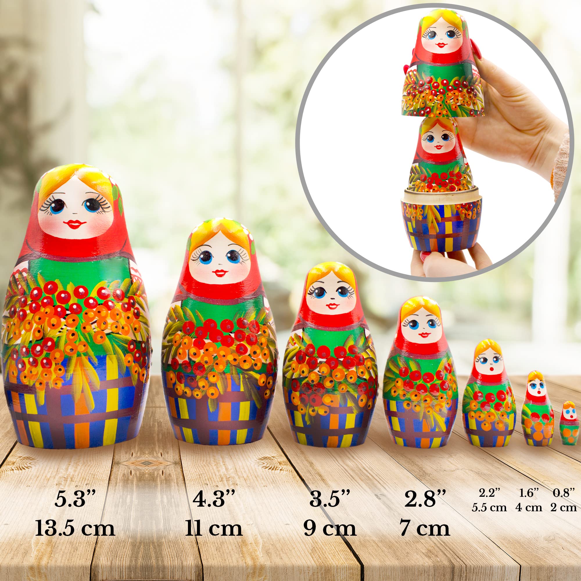 AEVVV Matryoshka Nesting Dolls Set of 7 pcs - Ukrainian Doll in Traditional Dress with Branches Red Kalina - Handmade Dolls Nesting Dolls with Folk Motives of Ukrain Region Polesie