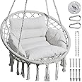 Greenstell Hammock Chair, Macrame Swing Chair with Comfy Cushion, Boho Hanging Chair for Outdoor & Indoor, Perfect for Bedroom, Patio, Balcony, Hold up to 330Lbs, Grey