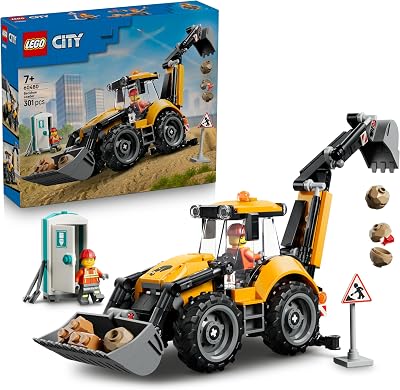 City Gelber Baggerlader - Baufahrzeug Spielzeug - Traktor mit 2 Minifiguren, funktionierender Frontschaufel und Heckbagger - Geburtstagsgeschenk für Jungen ab 7 Jahren - 60480