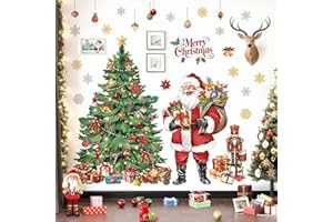 decalmile Large Christmas Tree Window Wall Decals Santa Claus Wall Stickers Watercolor Xmas Tree Snowflakes Window Clings Chr