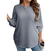 Eytino Womens Plus Size Tops Crewneck Long Sleeve Double Hem Waffle Knit Shirts Loose Casual Tunic Tops(1X-5X)