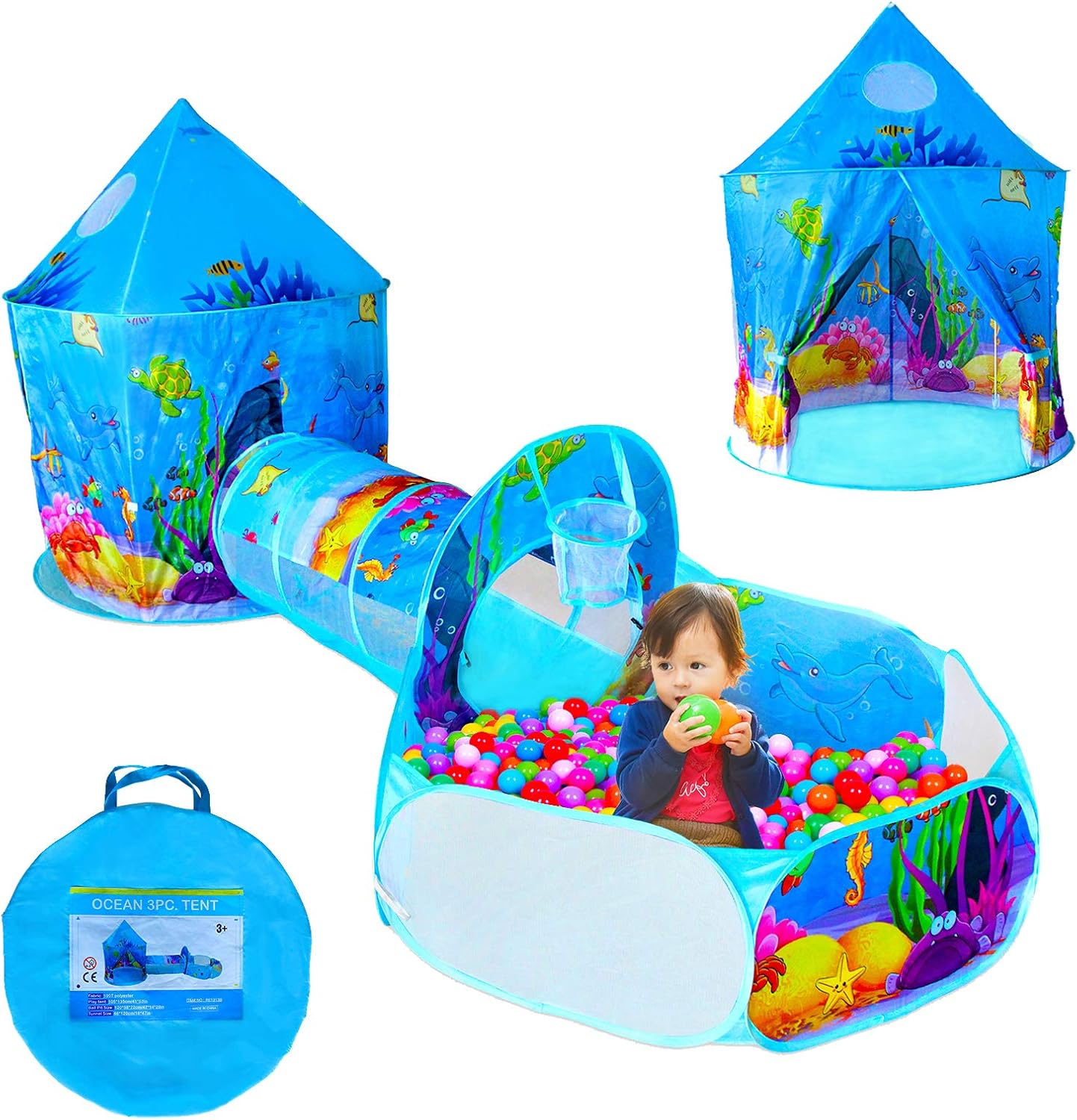 MOMOKIDS 3pcs Kids Ball Pit Tents and Play Tunnel，Ocean