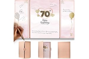 DOUBLESHOOT Rose Gold 70th Guestbook Happy Birthday Decorations for Women - Expands from 9x12 to 18x12 inches - Elegant Foil & Gold Print - 70 Guest Book Party Gifts, Keepsake Signature Book - Pen Not Included