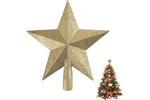 HOSLIPOPER Glittered Christmas Tree Topper, 8 Inches Gold Glitter Christmas Tree Ornaments Metal Hollow Star for Christmas Tree Home Decoration