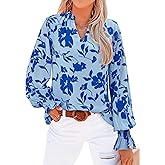 MASCOMODA Womens V Neck Floral Long Sleeve Tops 2026 Summer Casual Loose Puff Sleeve Chiffon Boho Work Blouse Dressy T Shirts