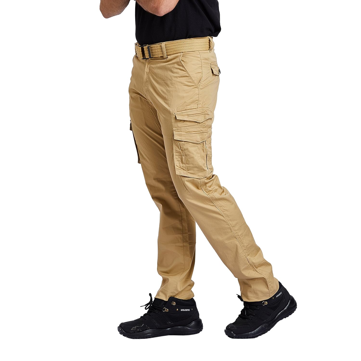 beevee mens khaki fixed waist cargo with belt