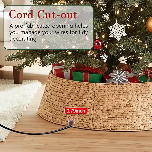 CHRISTMAS TREE COLLAR, EXTRA LARGE ROUND TREE COLLAR HYACINTH HANDWOVEN 42IN, CHRISTMAS TREE RING RATTAN WICKER RUSTIC CORD CUT OUT METAL FRAME DECORATION TO COVER ARTIFICIAL TREE (NATURAL)