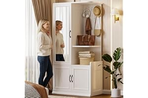LIKIMIO Armoire Wardrobe Closet, 70" H Wooden Bedroom Armoire with Mirror, 2 Cabinet, Pegboard and a Open Shelf, Large Freestanding Clothing Storage Cabinet with 3 Doors, White
