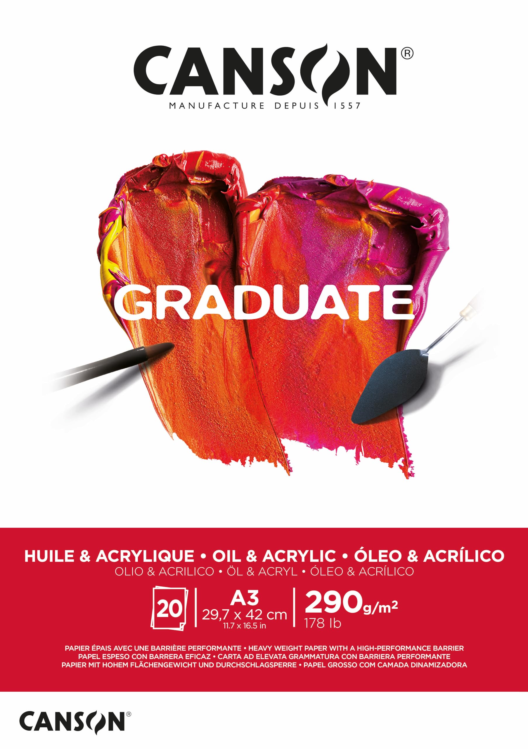 CANSON Graduate Oil And Acrylic 290gsm A3 Paper, Non-Woven, Pad Glued Short Side, 20 Natural White Sheets, For Student Artists