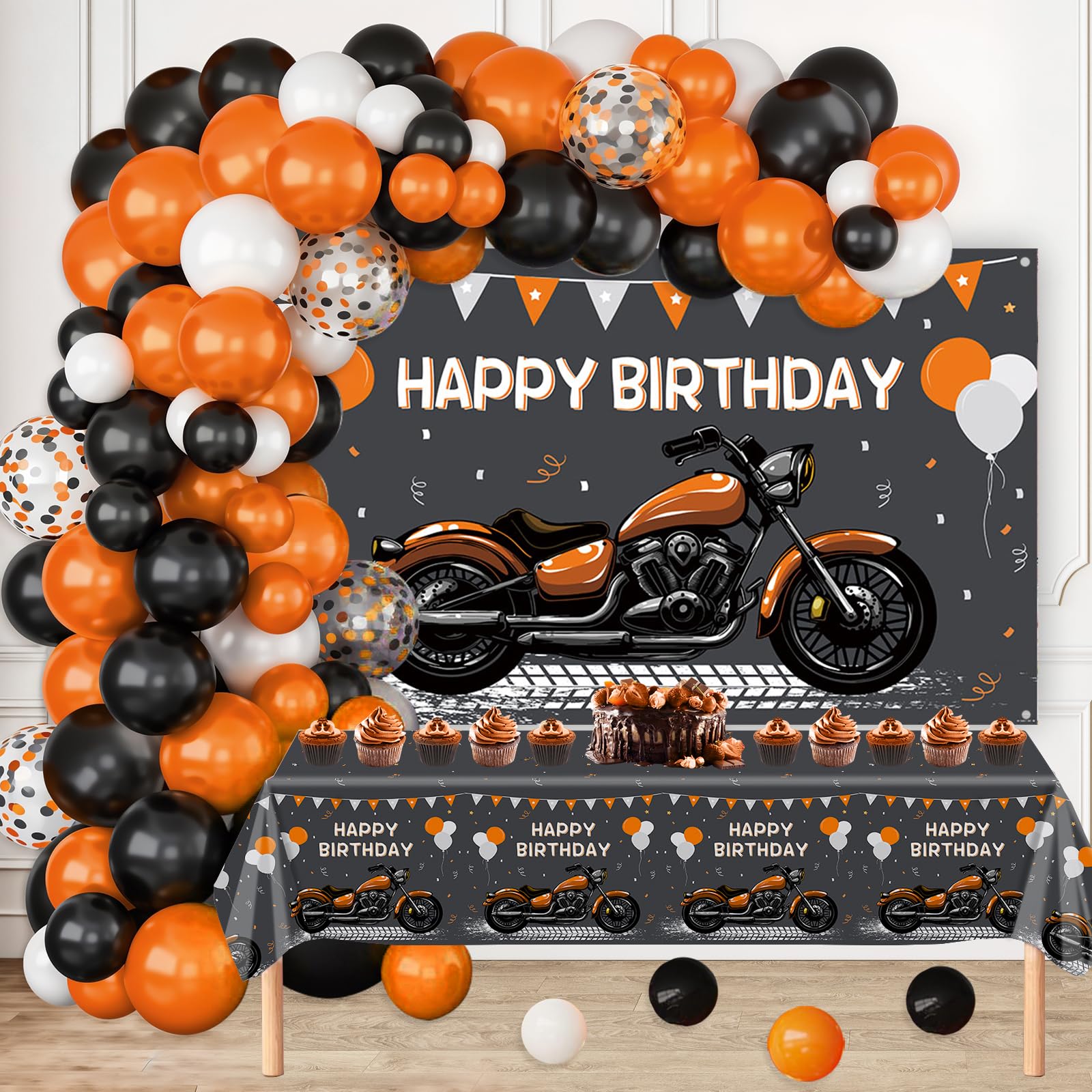 Photo 1 of ***PARTIAL SET/MISSING PIECES*** MEHOFOND Motorcycle Birthday Decorations for Boys Orange Black Balloon Arch Kit Happy Birthday Banner with Plastic Tablecloth Motocross Racing Balloon set Dirt Bike Birthday Party Decoration