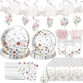 152 Pcs Spring Wildflower Party Decorations Include Plates, Napkins, Cups, Banner, Tablecloth for Floral Birthday Wedding Baby Shower Party, Serve 24