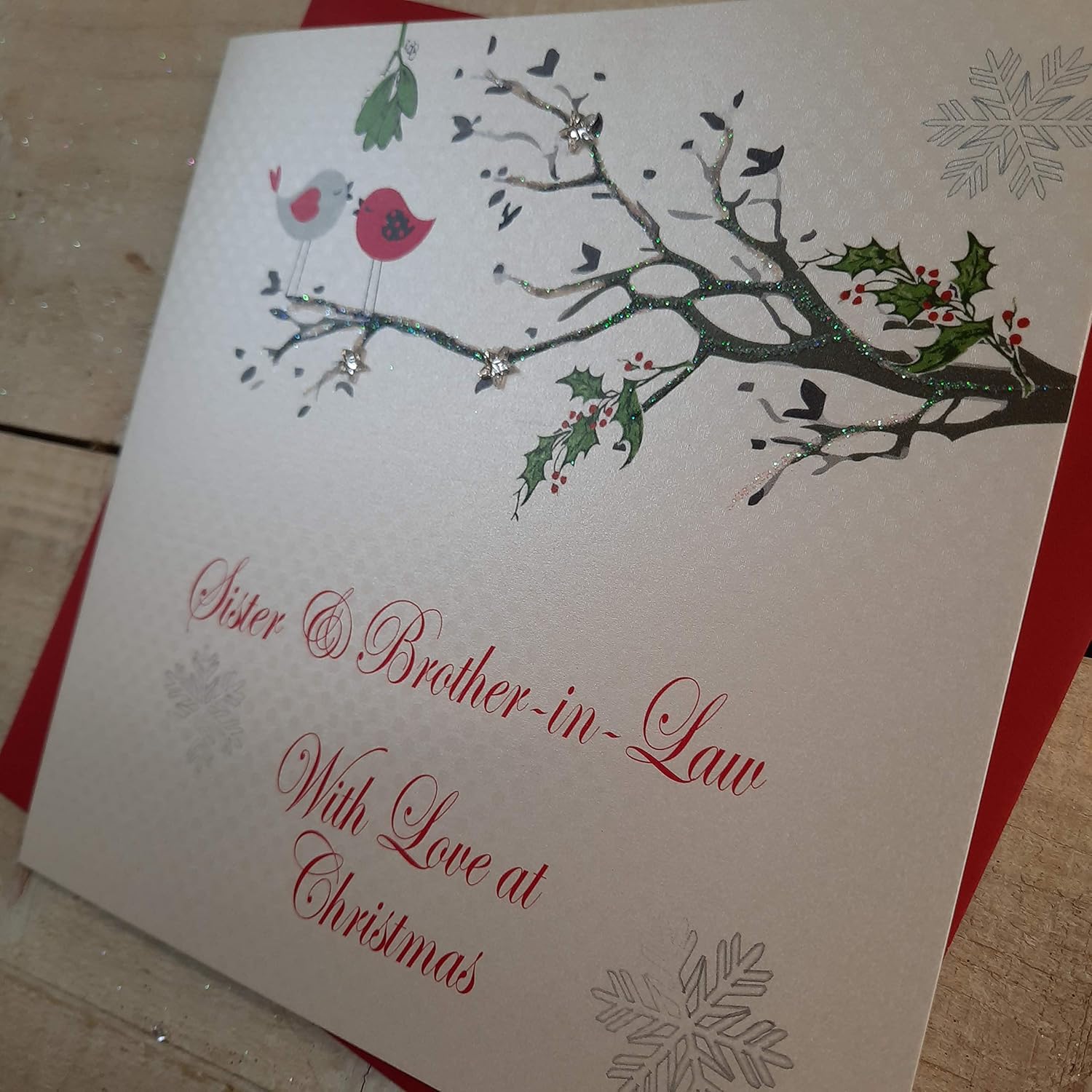 White Cotton Cards Sister and Brother-in-Law with Love at Christmas Handmade Robins in Tree Card (X14-109) - Image 4