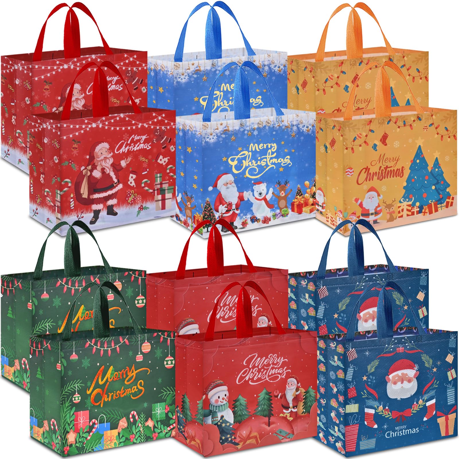 AhfuLife Extra Large Christmas Bags for Gift, 12pcs Reusable Christmas Tote Bags with Handles, Multipack Non-woven Xmas Treat Shopping Bag for Presents Xmas Party Decorations, 40 x 36 x 15cm