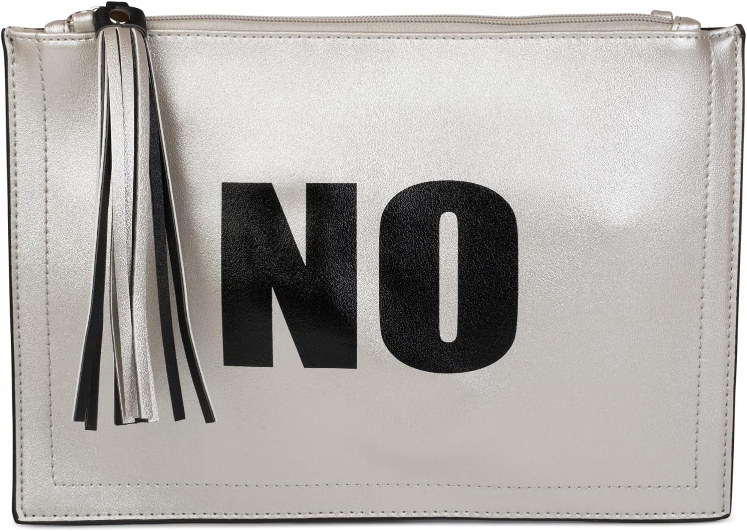styleBREAKER 'YES' or 'NO' print clutch, tassel pendant upon zipper, arm and shoulder strap, women 02012078, color:Silver/Black