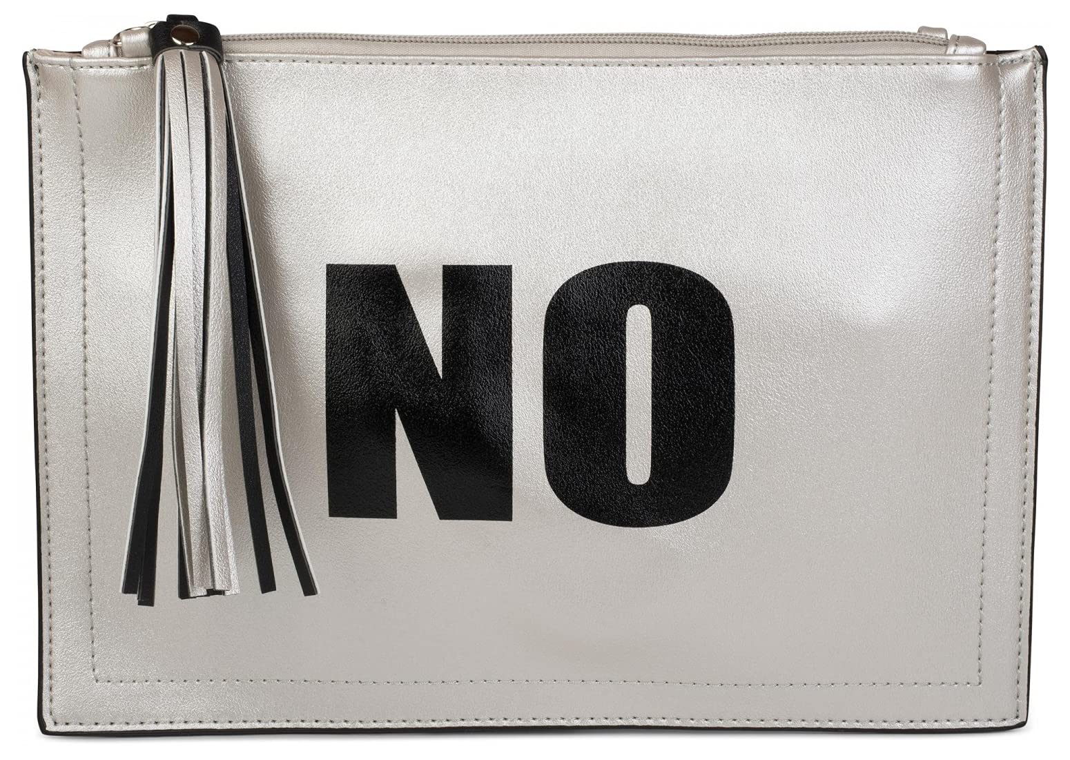 styleBREAKER 'YES' or 'NO' print clutch, tassel pendant upon zipper, arm and shoulder strap, women 02012078, color:Silver/Black