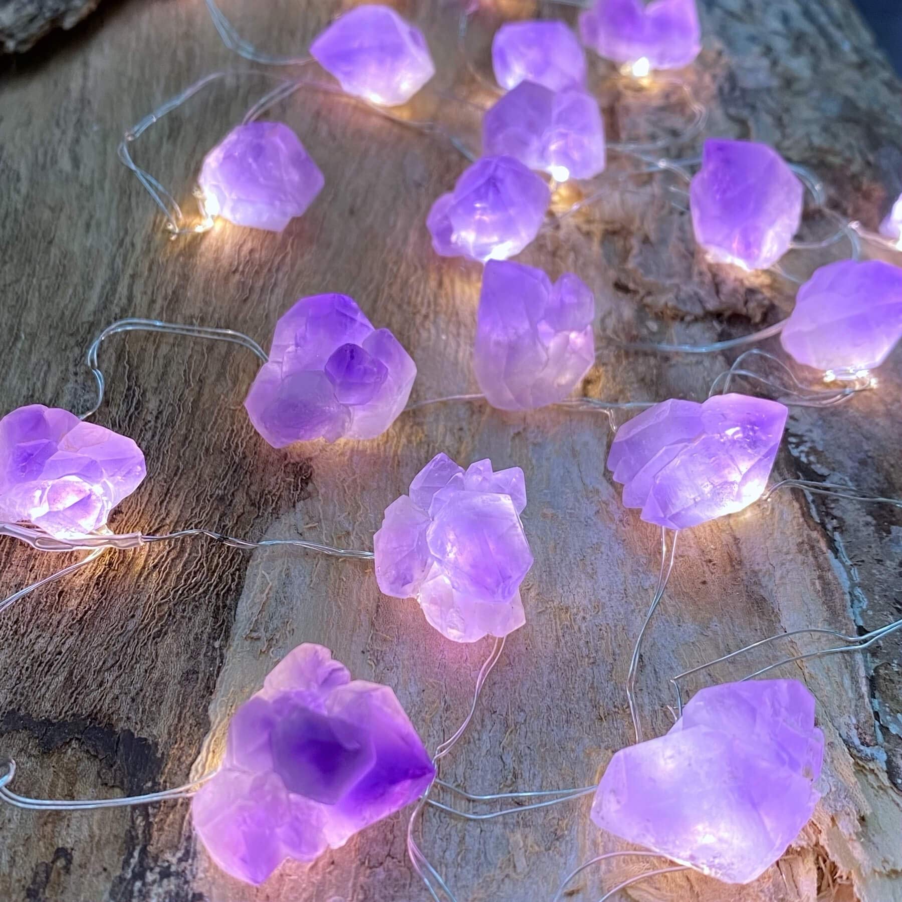 Photo 1 of JASHIKA Genuine Amethyst Crystal Fairy Lights, Natural Healing 20 Raw Stones String of Lights 6.5ft Remote Control USB Plug in for Reiki Ornaments Bedroom Wedding Decoration