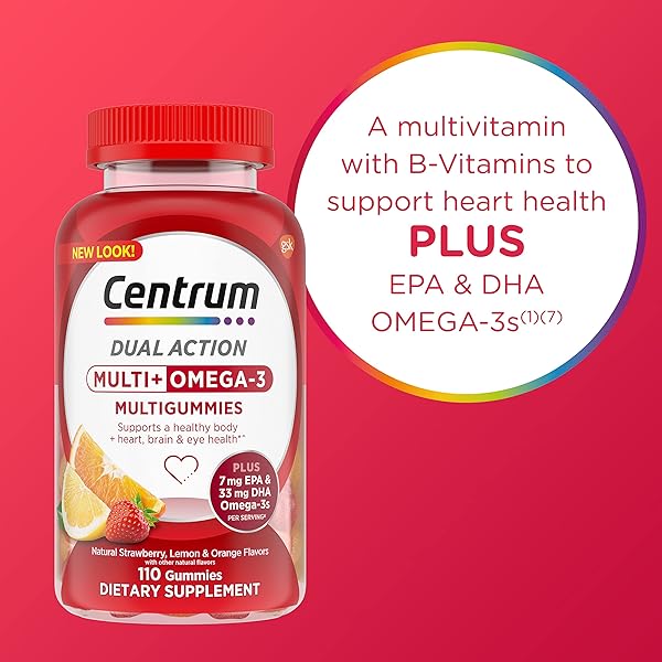 CENTRUM MULTIGUMMIES MULTI+ OMEGA 3 DUAL ACTION, ADULT MULTIVITAMIN, MULTIVITAMIN/MULTIMINERAL/OMEGA 3 SUPPLEMENT, STRAWBERRY/LEMON/ORANGE FLAVORS – 110 COUNT