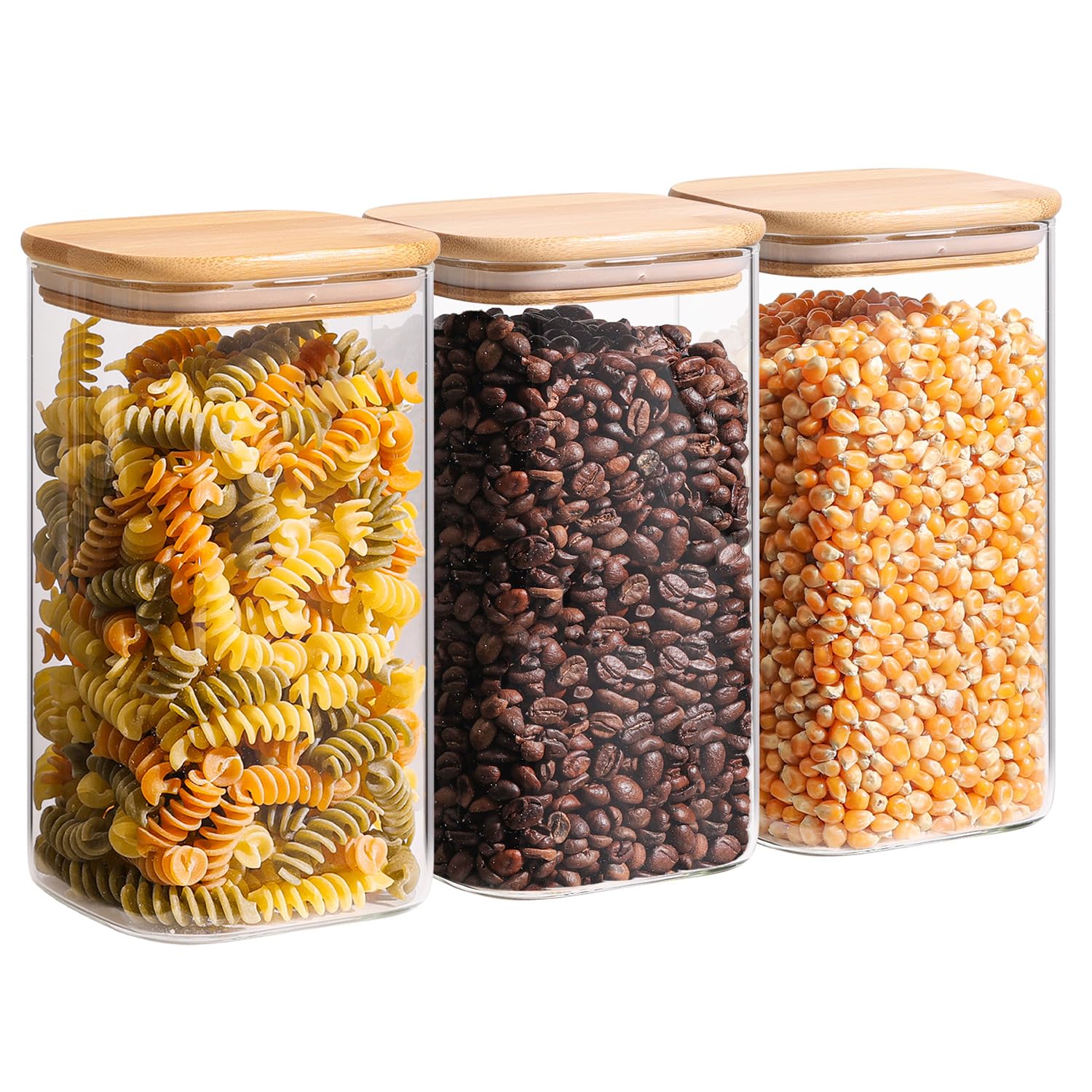 Photo 1 of ComSaf 1.4 Qt Glass Storage Containers with Lids, Glass Jars with Lids, Clear Food Storage Jar, Square Canister Set of 3, Pantry Organizers and Storage for Flour Oat Pasta Tea Cookie Coffee Bean