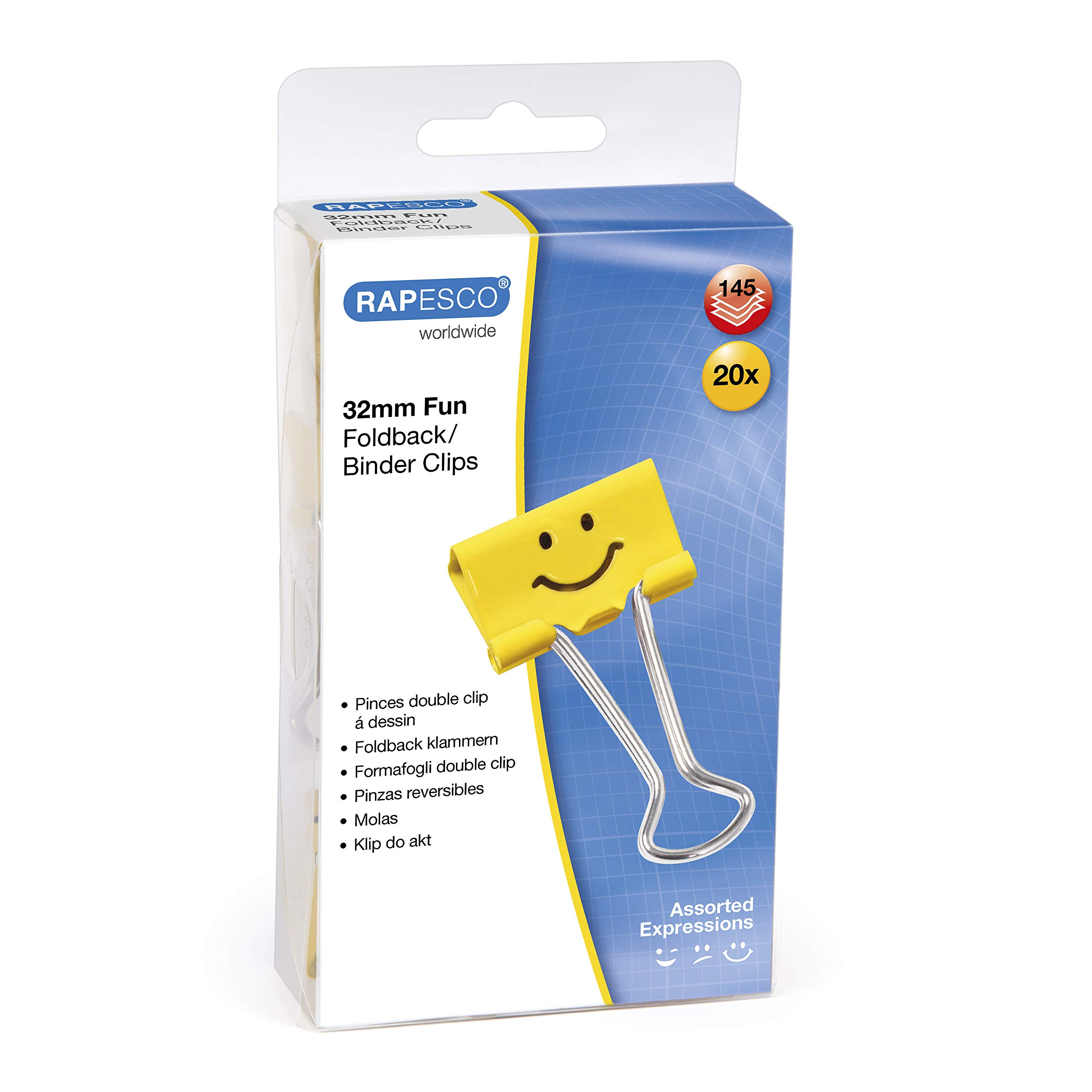 Rapesco 1354 32 mm Fun Foldback Clips, Bright Yellow, Pack of 20
