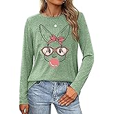 Easter Day T Shirts for Women-Bunny Shirt Cute Rabbit Graphic Tees Long Sleeve Holiday Tops