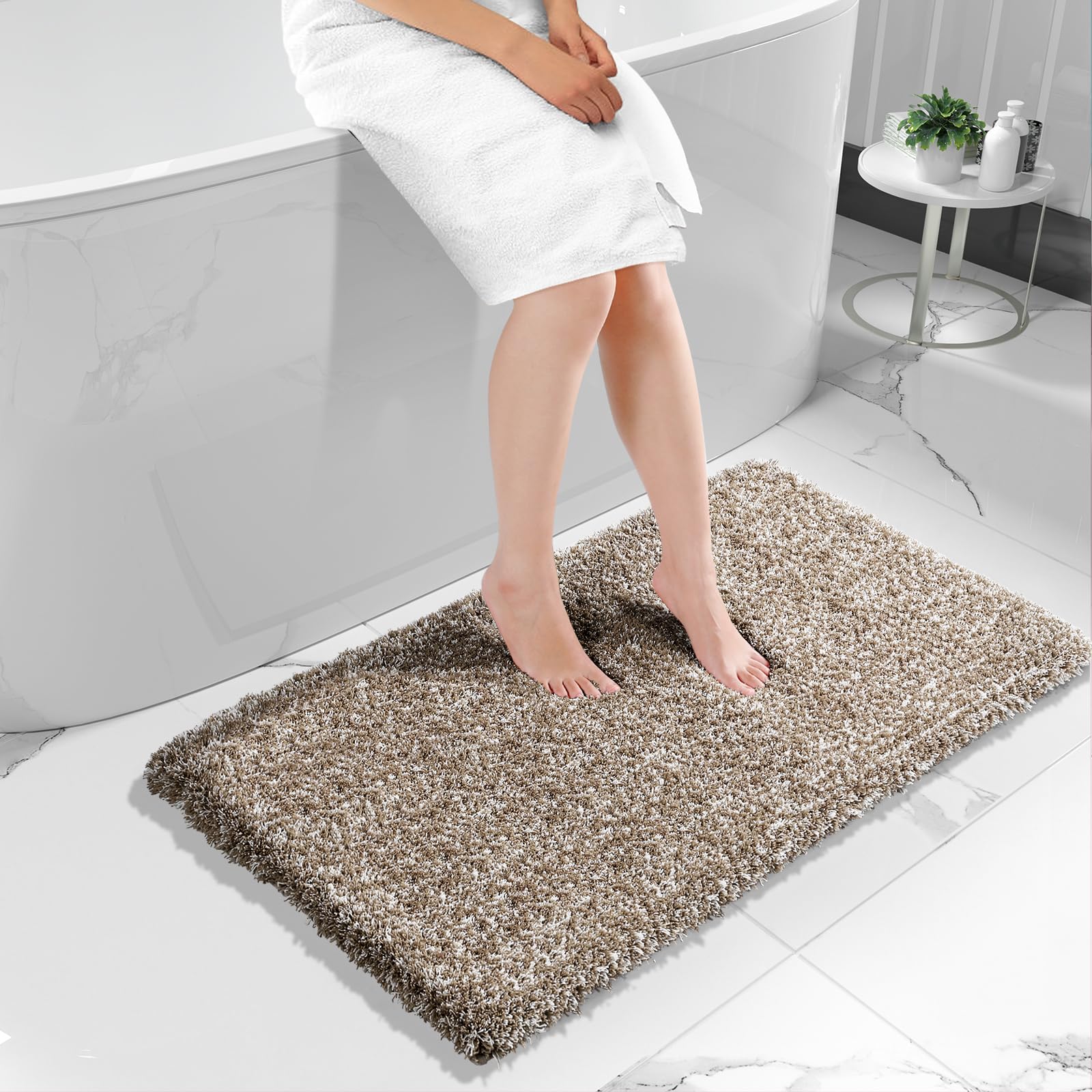 Photo 1 of Yimobra Luxury Bathroom Rugs, Fluffy Bath Mats, Non Slip, Water Absorbent Microfiber, Machine Washable, Plush Runner Shower Rugs, Thick Matts for Bathroom Floor&Tub, 47"x 24", Light Brown and White
