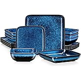 vancasso Stern Blue Dinnerware Set Square Tableware 16 Pieces Kitchen Dinnerware Stoneware Crockery Set with Dinner Plate, Dessert Plate, Bowl and Soup Plate Service for 4