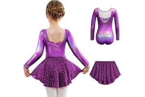 Arshiner Girls Ballet Leotards with Chiffon Dance Skirt Long Sleeve Crisscross Back Toddler Dance Outfit Combo