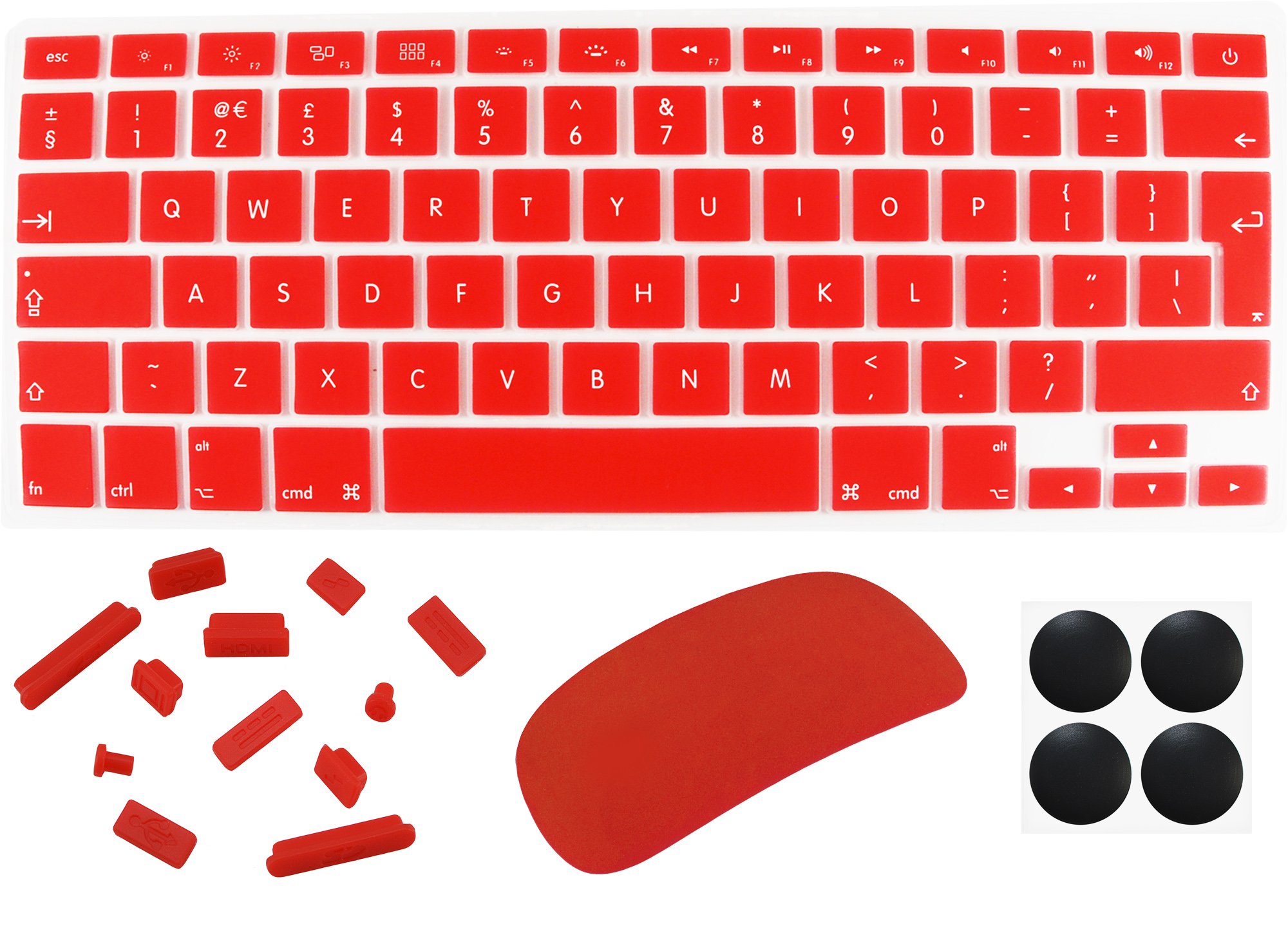 4 in 1 Lilware Accessory Kit for Apple MacBook Air 13”. Set of Waterproof UK / EU International Keyboard Cover (Compatible Also with MacBook Pro 13.3” and 15.4“ Retina) + Magic Mouse Softskin Protector + Anti Dust Plugs + 4 Pack Replacement Rubber Feet. Red