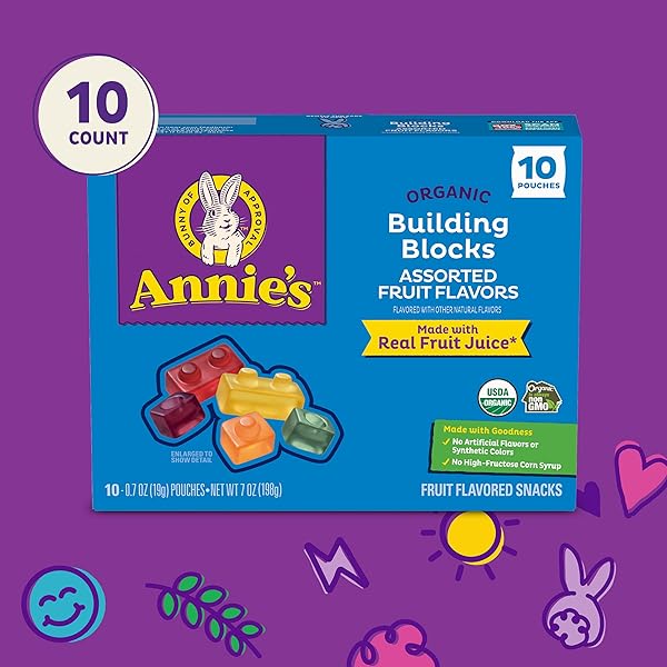 ANNIE’S ORGANIC BUILDING BLOCKS FRUIT FLAVORED SNACKS, ASSORTED FRUIT FLAVORS, GLUTEN FREE, 10 POUCHES, 7 OZ