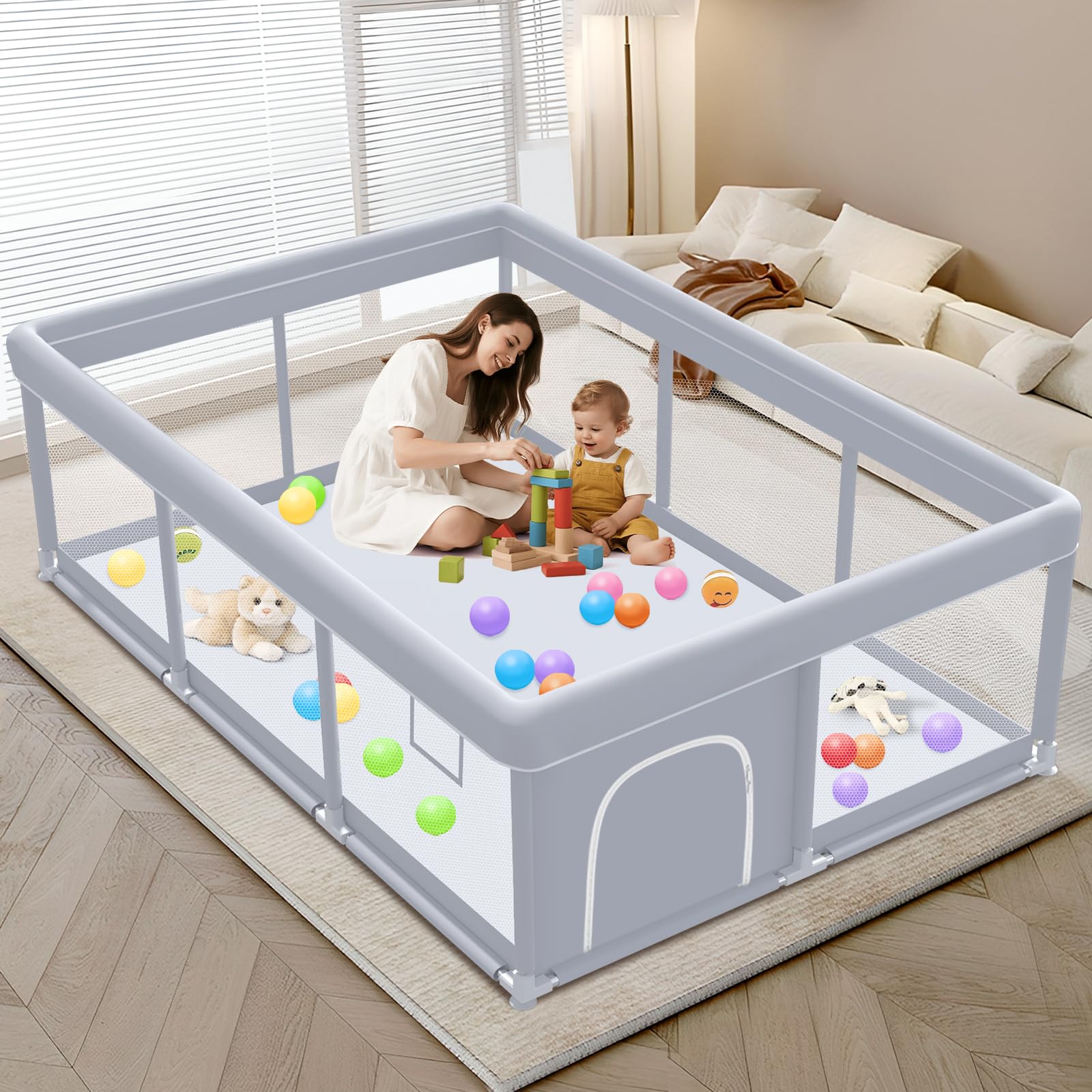 Photo 1 of XVISHX Baby Playpen 74 x 50 Inch Play Pen Playards, Playpen for Babies and Toddlers, Baby Playard for Indoor & Outdoor Active Center Game Fence, with Skin-Friendly Fabric and Soft Breathable Mesh Grey