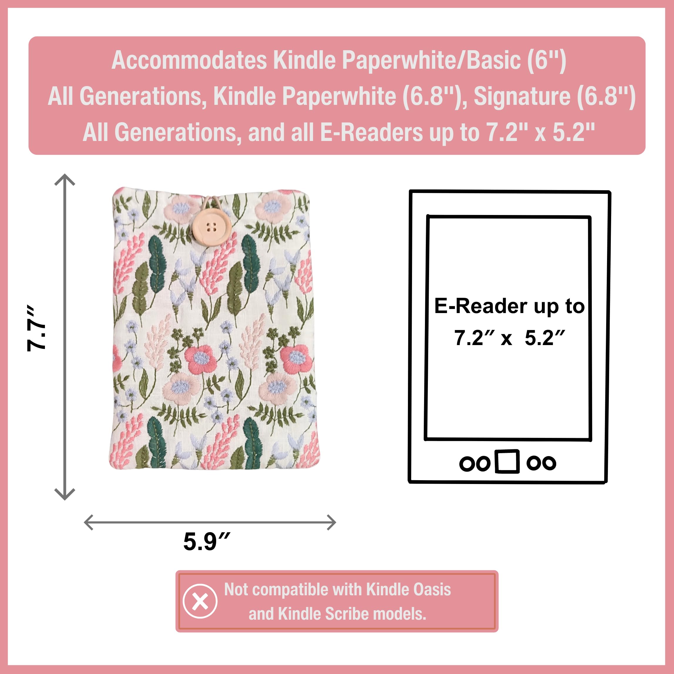 Embroidered Floral Kindle Sleeve - Compatible with Paperwhite/Basic (6''), Paperwhite (6.8''), Signature (6.8'') - Cotton Padded E-Reader Cover - Tablet Pouch (Lavender Garden - White)