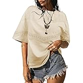 Falechay Womens Summer Tops Oversized Short Sleeve Boho Casual Shirts Flowy Lace Crochet Eyelet Loose Blouse Trendy 2025