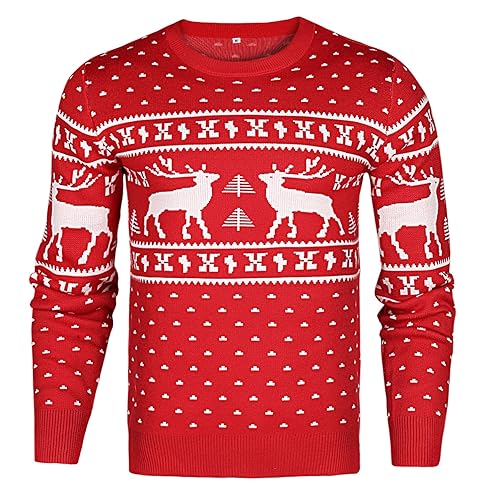 Uniexcosm Men's Christmas Jumpers Warm Xmas Sweaters Reindeer Knit Pullover Top Snowflake Sweatshirt Knitwear Red