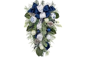 Hollyone Blue Christmas Swag 29" Christmas Wreath with Bow Swags for Decorating Outdoor Indoor Teardrop Swag for Front Door Window Swags with Pine Cone Bow Xmas Ball Ornament Wall Home Hanging Decor