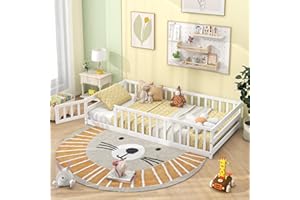 Giantex Twin Floor Bed for Kids, Wood Montessori Bed with Safety Guardrails, Floor Bed Frame for Kids, Boys, Girls, No Box Spring Needed, White
